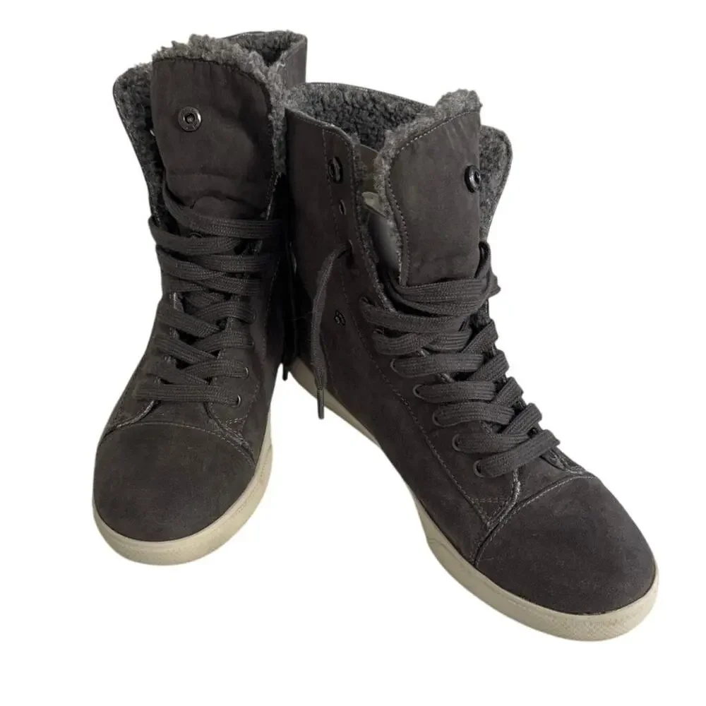 BRASH Gray Faux Suede‎ Lace Up High Top Boots/Sneakers Sherpa Lined Womens Sz 10